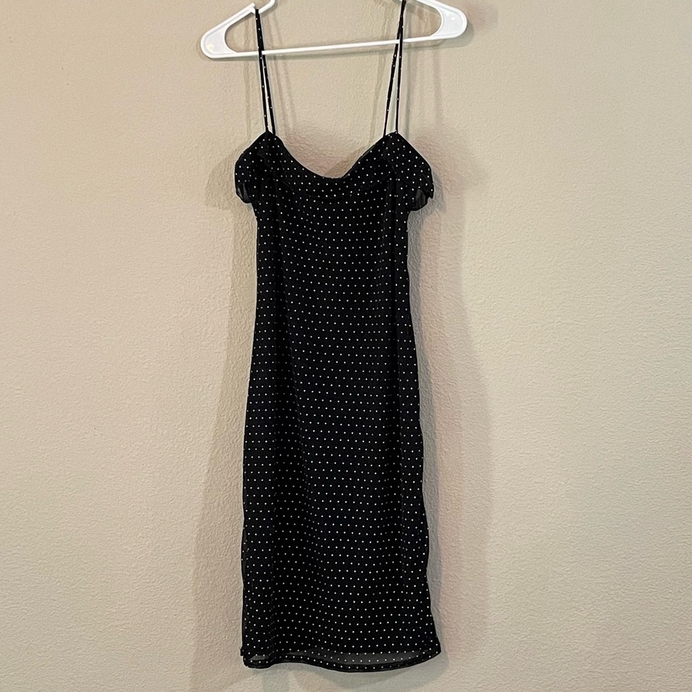 Vintage Black Polka Dot Midi Dress with Spaghetti Straps